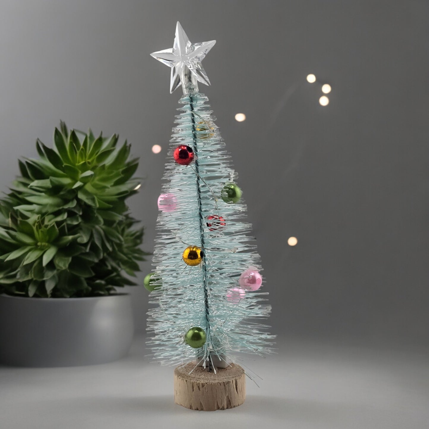 Tabletop 6.5" Aqua Mini Christmas Tree with Wood Base