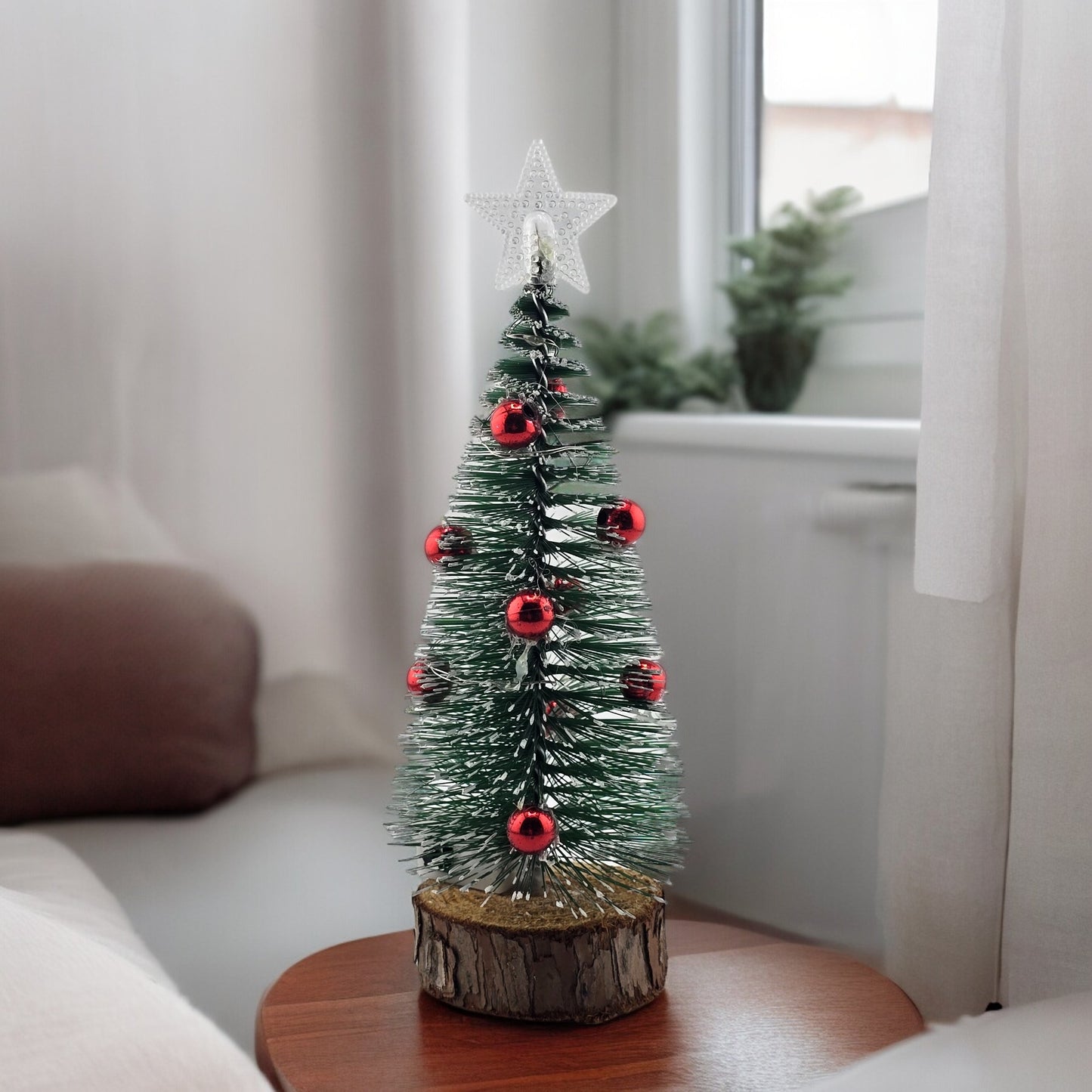 Tabletop 6.5" Red Ornament Mini Christmas Tree with Wood Base