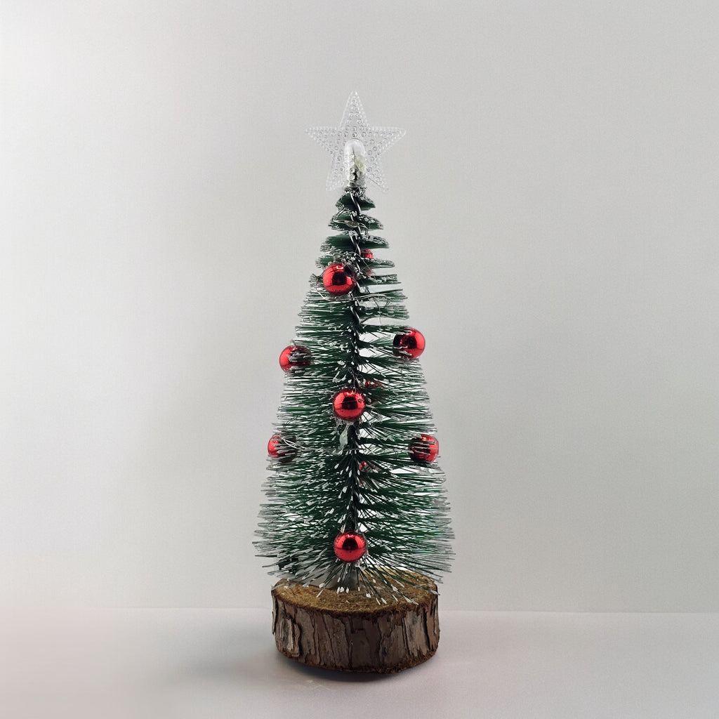 Tabletop 6.5" Red Ornament Mini Christmas Tree with Wood Base