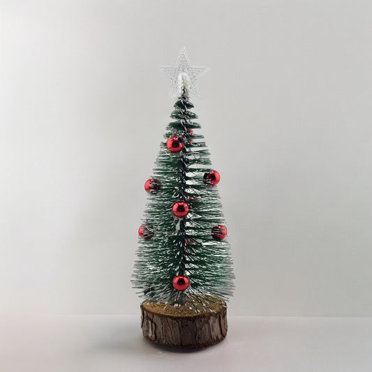 Tabletop 6.5" Red Ornament Mini Christmas Tree with Wood Base