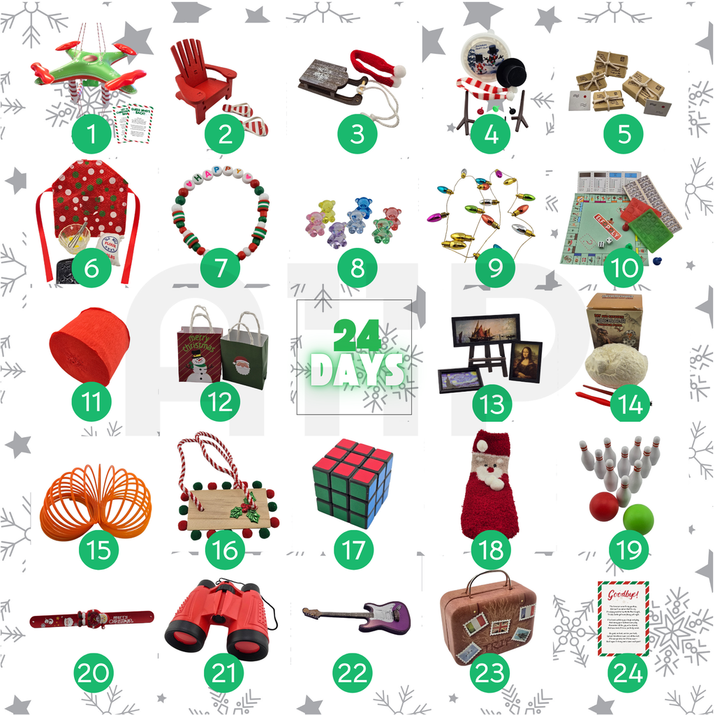 Grid layout showing 24 days of miniature Christmas elf props, toys, and activities from the Signature elf kit.