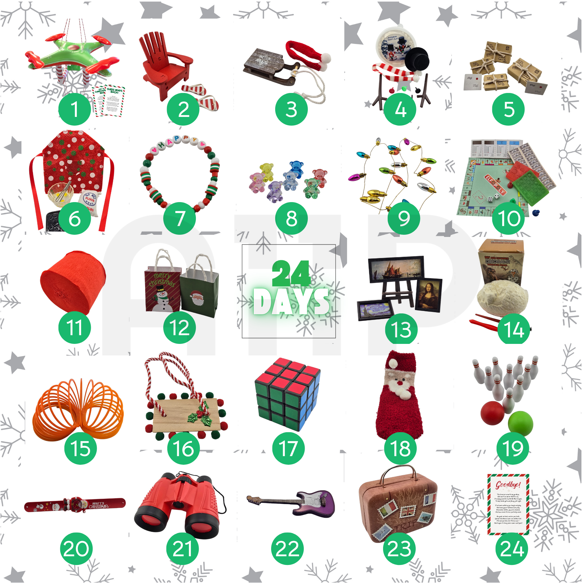 Grid layout showing 24 days of miniature Christmas elf props, toys, and activities from the Signature elf kit.