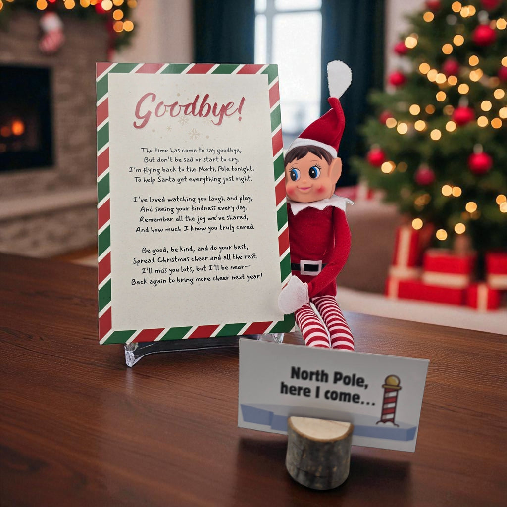 Christmas elf goodbye letter card and departure scene prop included in the 24 day elf kit.
