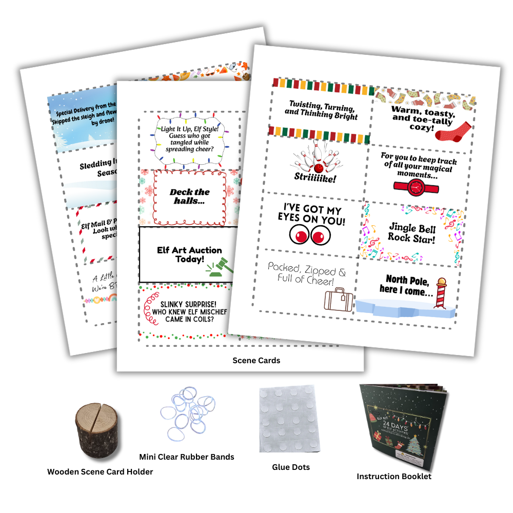 Elf kit printable cards, wooden card holder, glue dots, and instruction booklet from the 24 day elf kit.