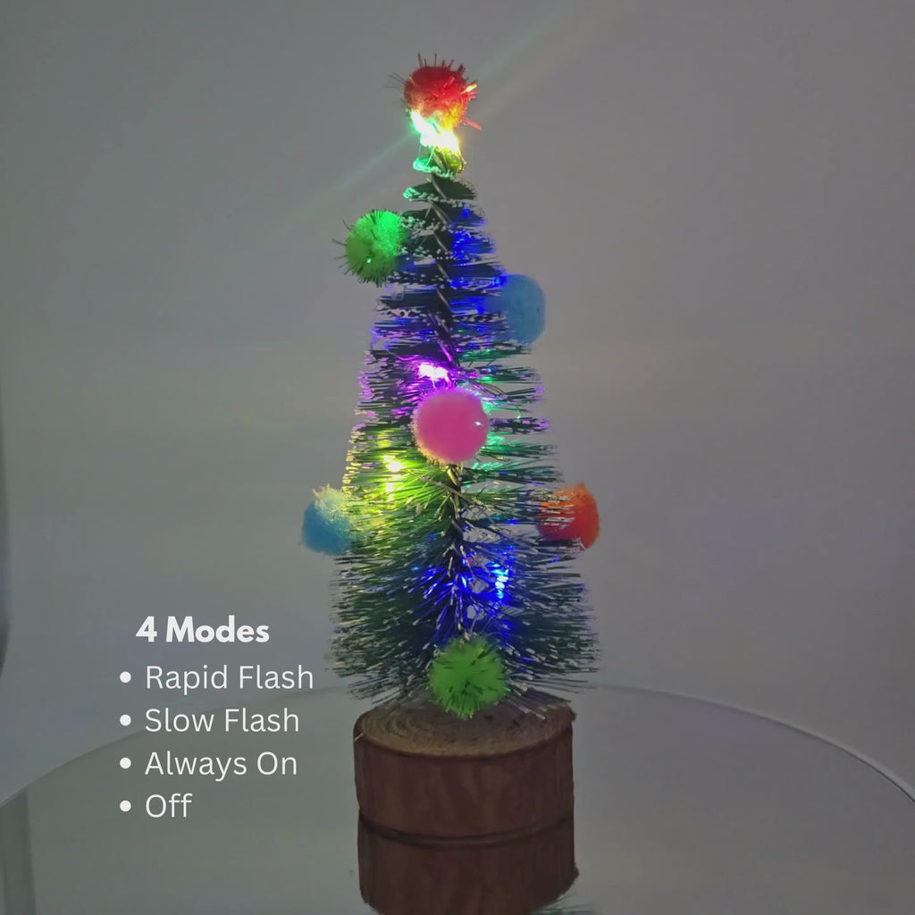 Tabletop 6.5" Multi Color Pom Pom Mini Christmas Tree with Wood Base